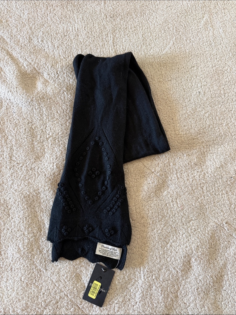Preston & York Wool and Cashmere Black Knit Scarf with Studded Diamond Motif New